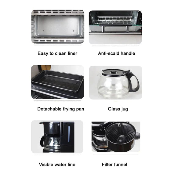 3 IN 1 BREAKFAST MAKER PORTABLE TOASTER OVEN, GRILL PAN & COFFEE MAKER