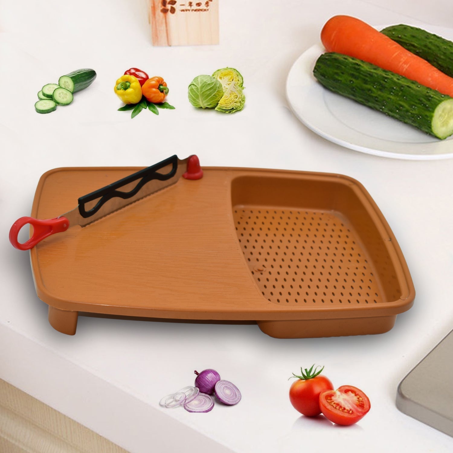2103 Thick Plastic Kitchen Chopping Cutting Slicing Tray with Holder 