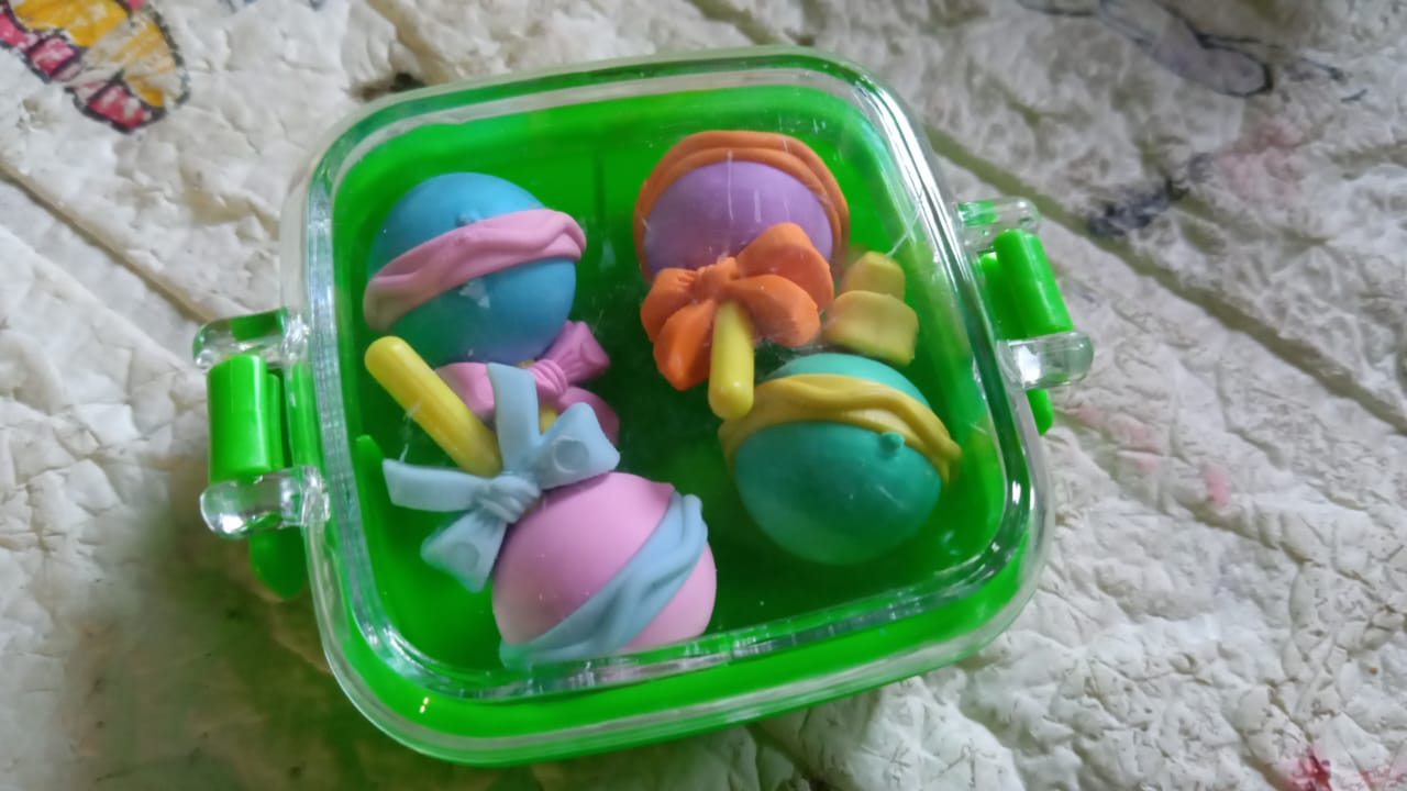 3D Fancy Colorful Erasers With Plastic Case (Mix Design 4 pc Set)