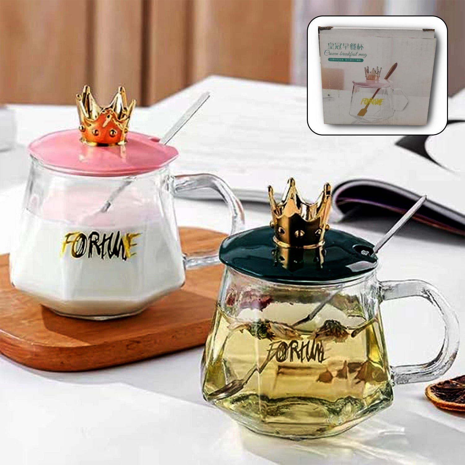Golden Crown Tea-Coffee Mug Set with Stainless Spoon - Clear Glass Cup for Milk, Chocolate, or Any Beverage (1 Pc)