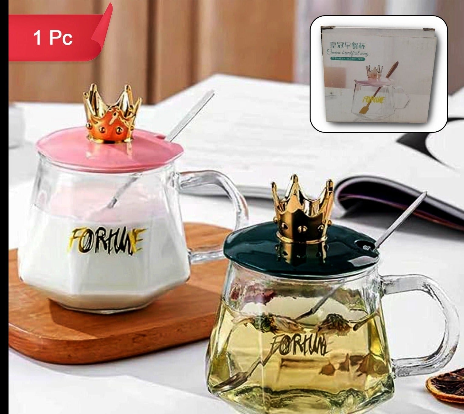 Golden Crown Tea-Coffee Mug Set with Stainless Spoon - Clear Glass Cup for Milk, Chocolate, or Any Beverage (1 Pc)